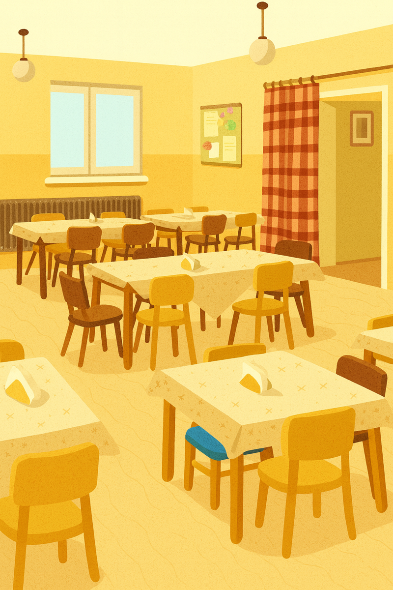 Ilustrace školní jídelny — žlutá místnost se stoly, židlemi, karnýrovými závěsy a slunečním světlem z okna