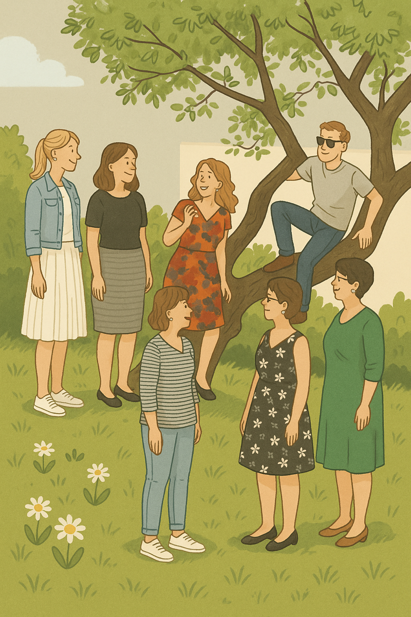 Ilustrace kolektivu ZŠ a MŠ Stádlec — usmívající se učitelky, kuchařky a děti pod stromem na zahradě