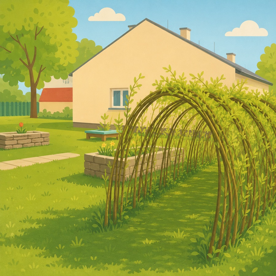 Přírodní vrbový tunel na zahradě mateřské školy pro environmentální výchovu
